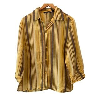 Sherry Taylor Yellow Striped Ramie Rayon Button Down Shirt Womens XL 3/4 Sleeve